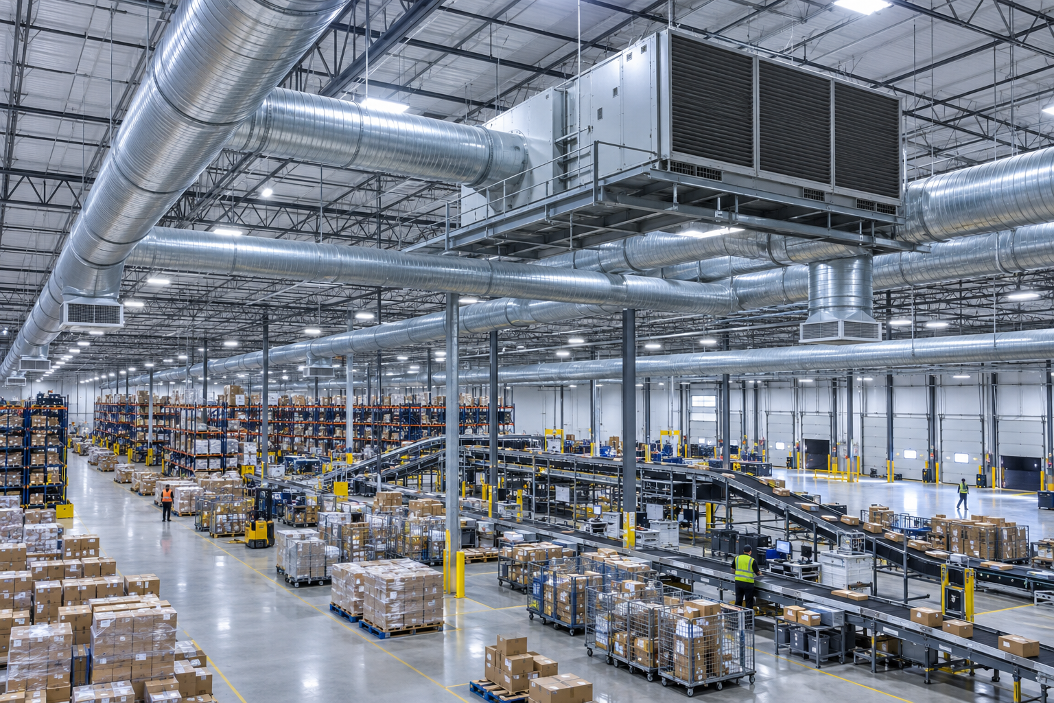 Interior of a large distribution warehouse with overhead HVAC ductwork and rooftop unit