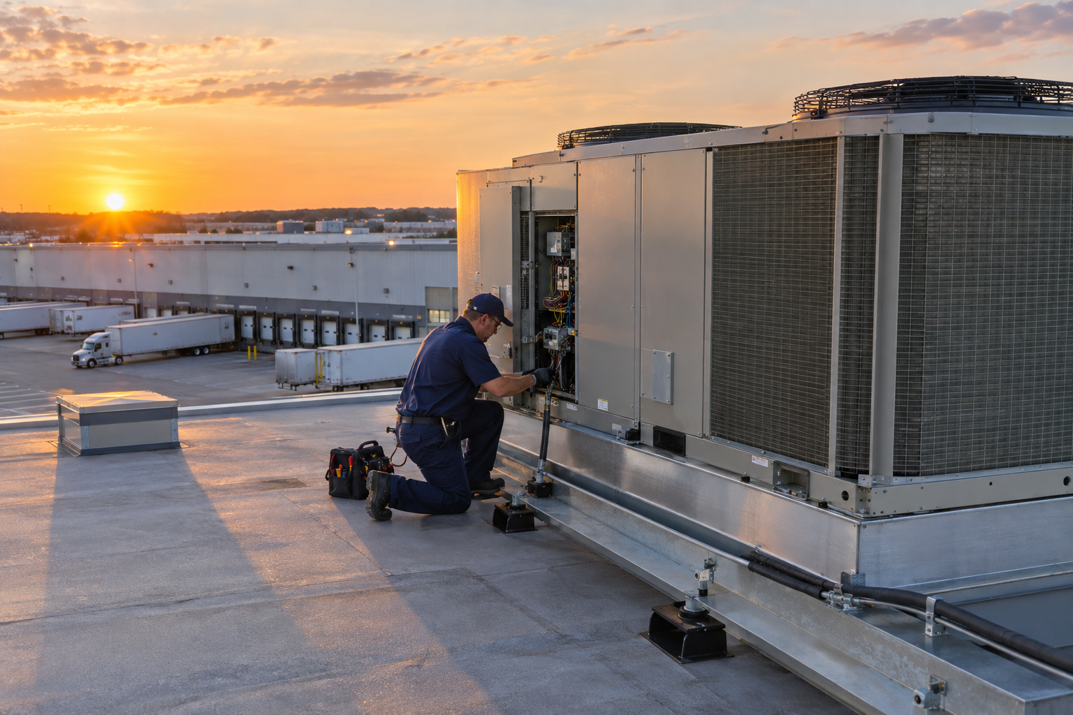HVAC technician servicing a rooftop unit at a New Jersey logistics warehouse at sunset