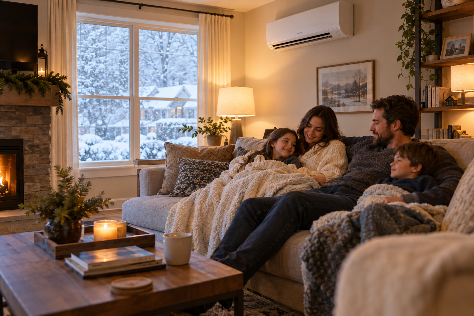 Family relaxing warmly on a couch during a New Jersey winter with a ductless mini-split on the wall