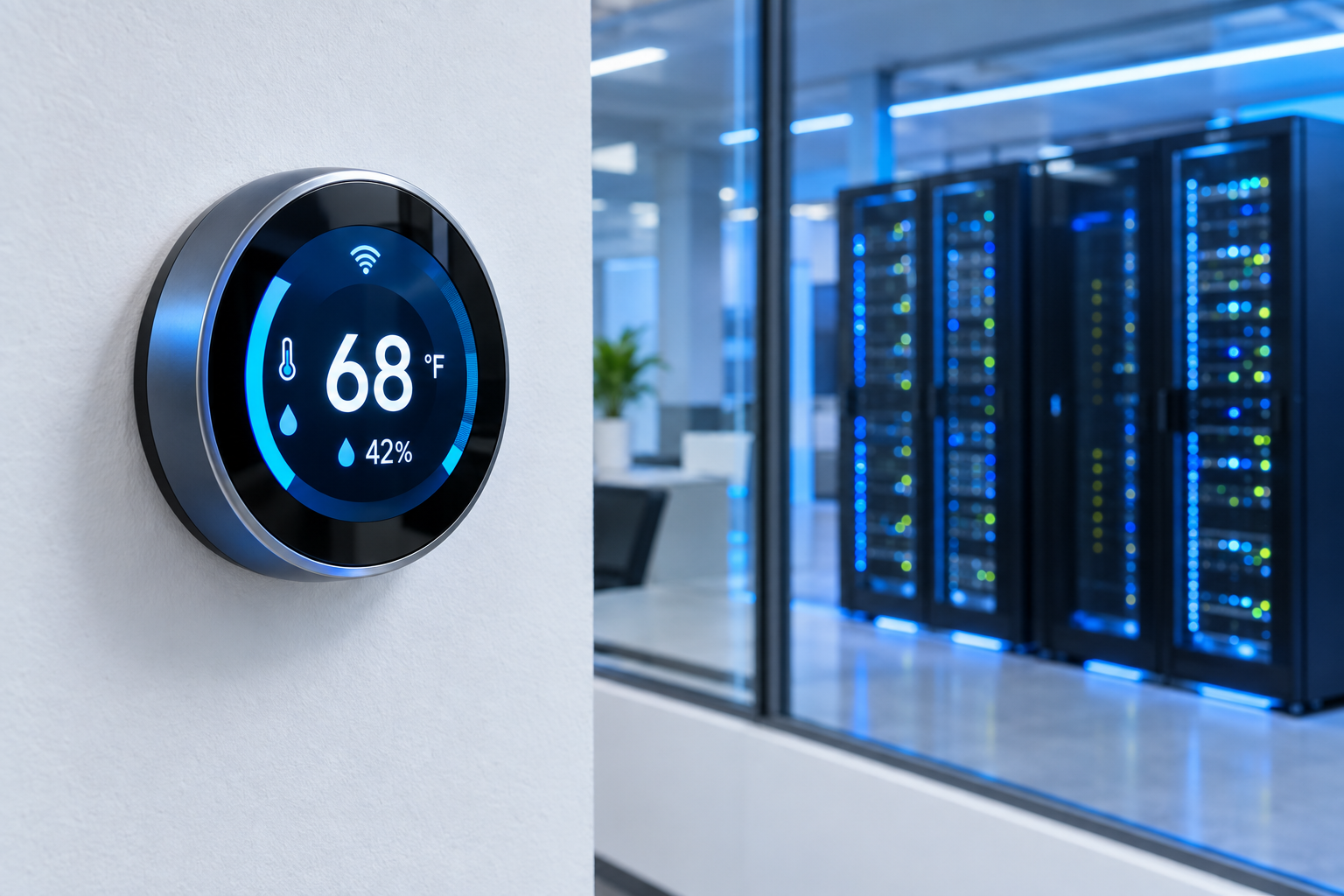 Smart Wi-Fi thermostat showing temperature and humidity in a modern office